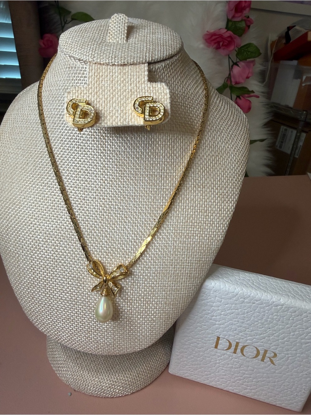 Vintage Christian Dior Rhinestone CD Clip Earrings Faux Pearl Bow Necklace Set
